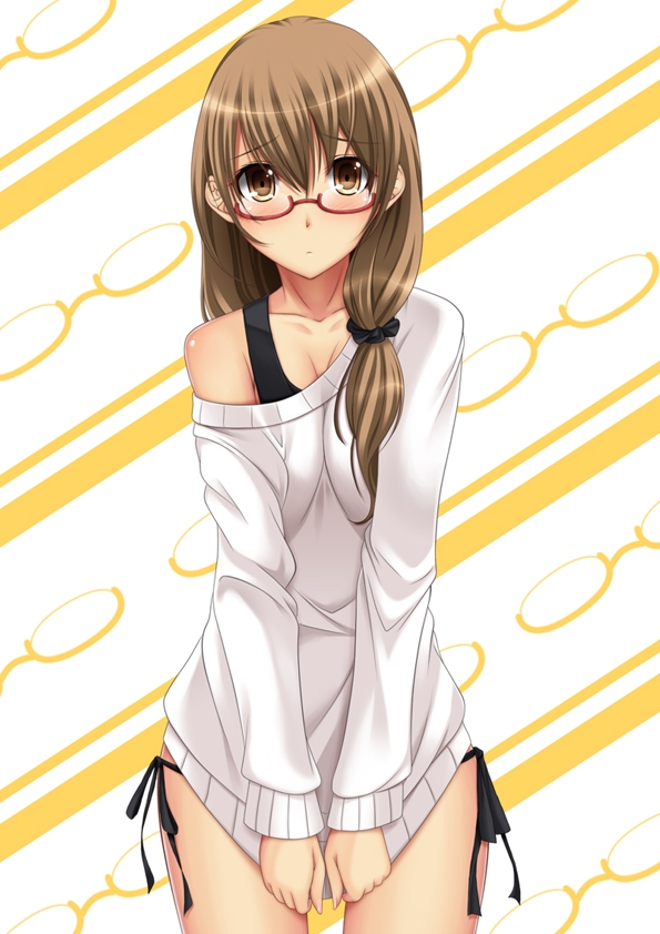 blush brown eyes brown hair chiro clavicle long hair looking at viewer off shoulder original pantsu shirt tug side-tie panties solo sweater | Sankaku Channel; Hentai Japanese 